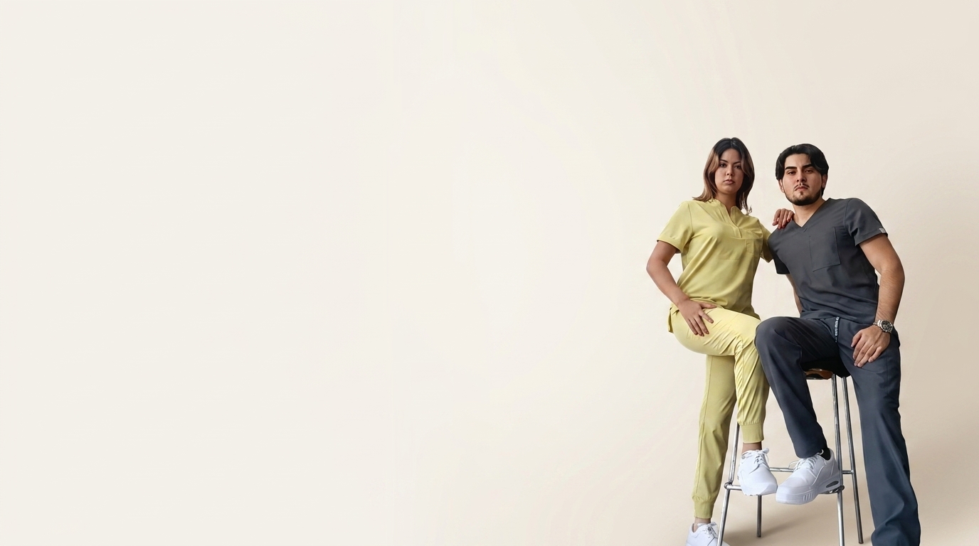 Profesionales de la salud con uniformes Unimagda — filipina verde limón y gris